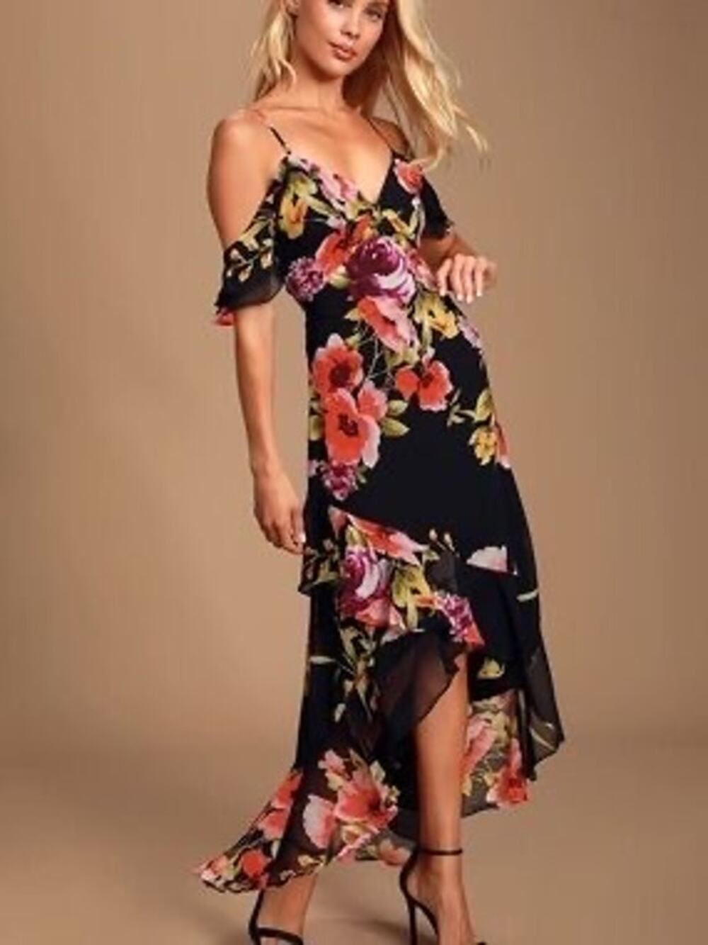 Lulus Love in Bloom Black Floral Print Off-the-Shoulder High-low Dress Size XS
